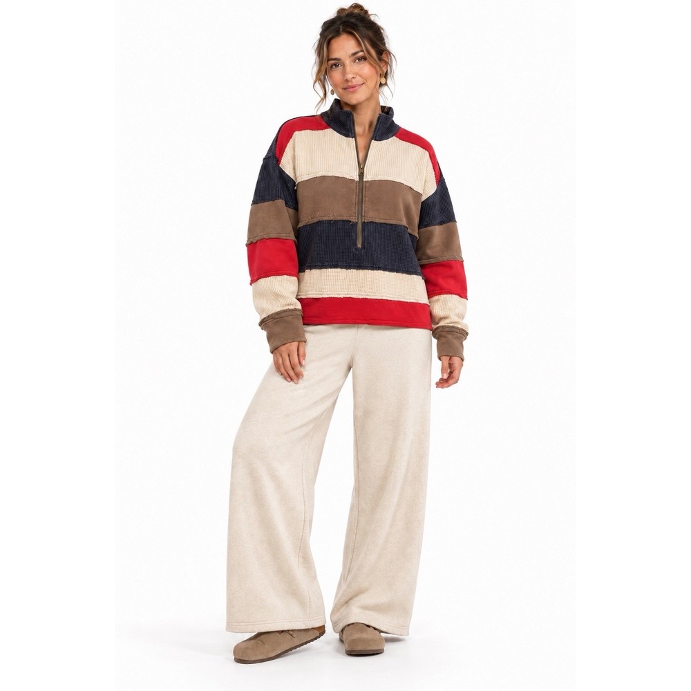 Oli & Hali Top Small Oversized Colorblock Half Zip Waffle Knit Raw Seam Pullover